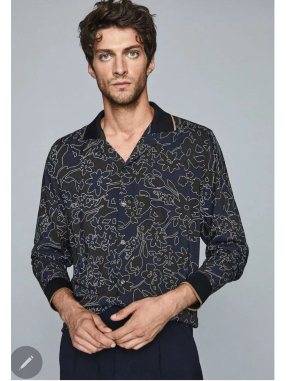 REISS Men's Majesty Navy & Brown Floral Casual Button Down Shirt L